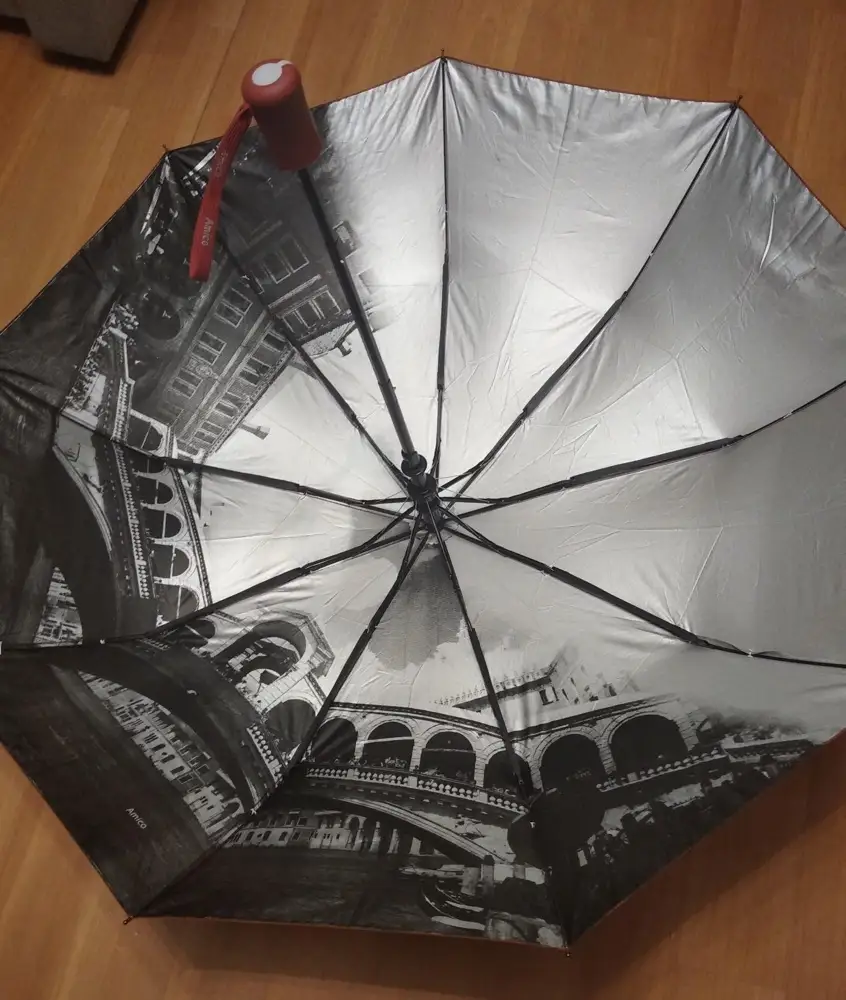 Нормальный зонт! Необычный за счёт внутреннего рисунка.Но!!!! Очень мятый!