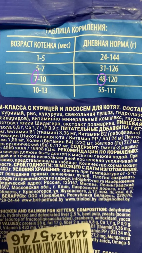 Ест на ура, состав для бюджета супер, но есть одно НО-НЕ НАЕДАЕТСЯ. Вес ~3кг, возраст 7 месяцев, рекомендуемая норма в инструкции 48г, но она орет, хочет есть , в итоге даю 80г где-то , а то и 100г… 