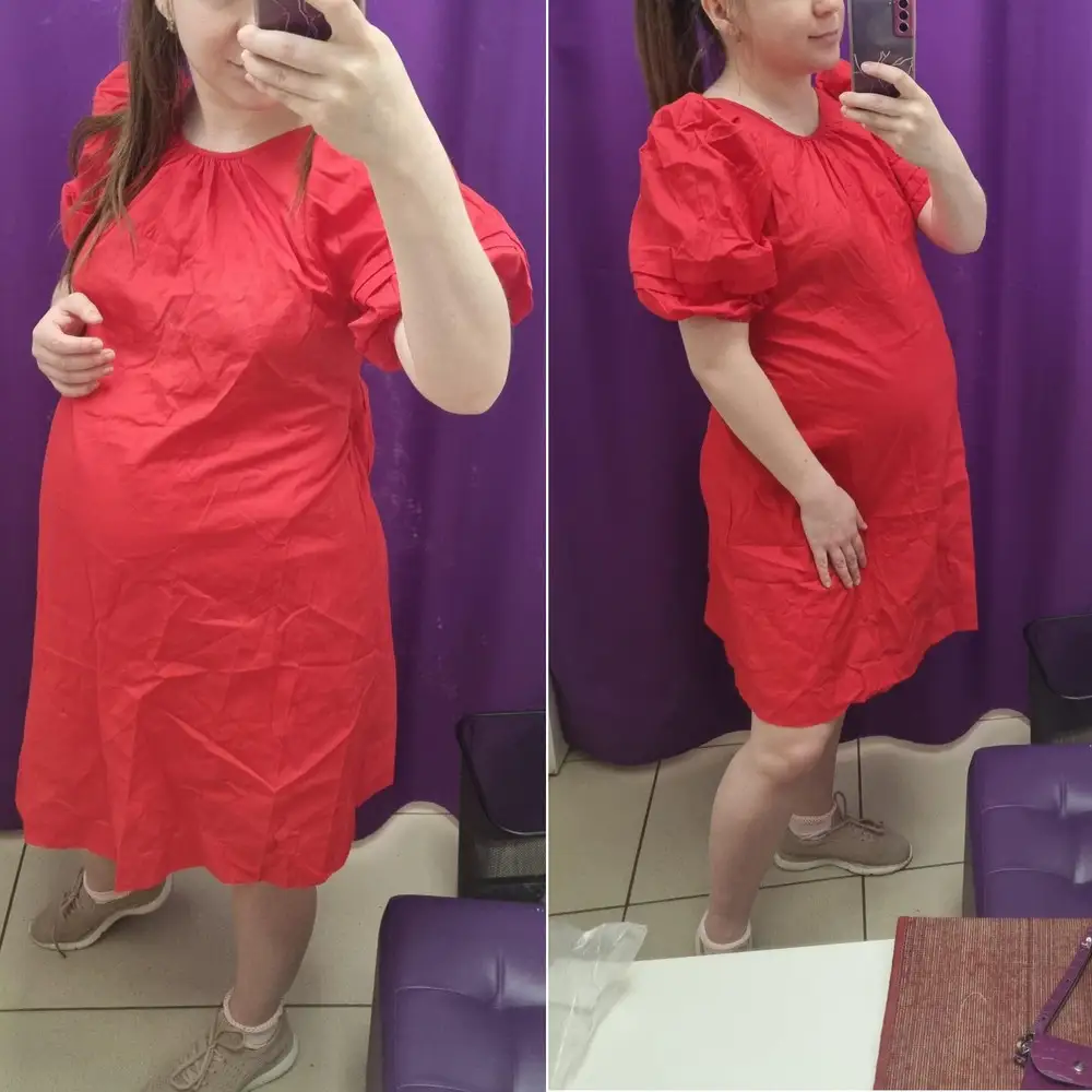 На приличный беременный живот )))
 обычно ношу 42 размер одежды, платье заказала S. 
Смотрится очень даже хорошо, лёгкое и комфортное, думаю буду носить и после.