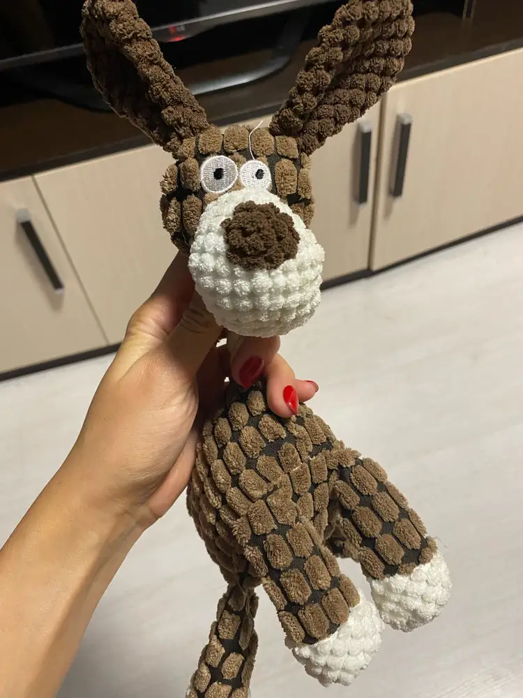 Хорошая игрушка, пёс заценил. Но когда начали с ним играть, оторвалась лапа 😁