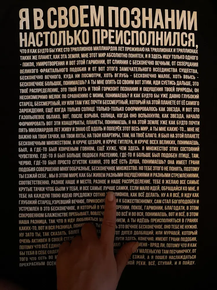 Футболка с хорошим принтом и хорошего качества, что не мало порадовало за такую цену) НО! нашла пробел в тексте (спасает то, что он не маленький и это не бросается в глаза)