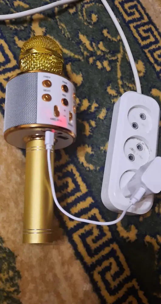 Второй день заряжаем... и всё время горит красная лампочка. ( по инструкции 2-3 часа). При включении микрофон отключается на второй песне. Ребёнок расстроен.